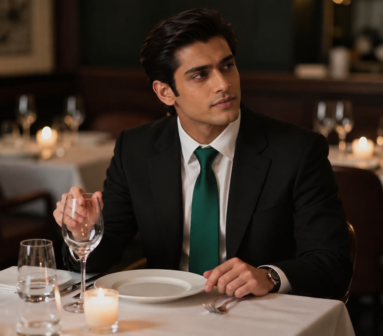 A member at a candlelit restaurant table